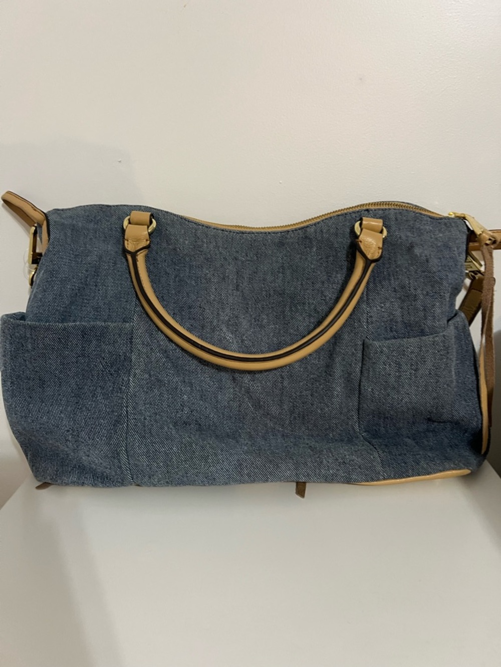 NWOT Aimee KESTENBERG Denim Shoulder Tote with Tan Trim & Pouch Bag - Picture 8 of 11